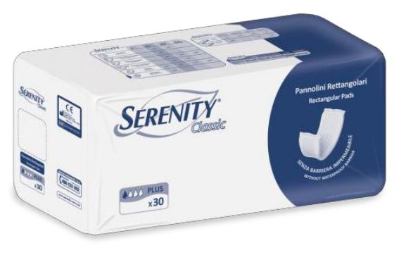 PANNOLONE PER INCONTINENZA RETTANGOLARE SENZA BARRIERA IMPERMEABILE SERENITY CLASSIC 30 PEZZI - Farmacia Del Monaco