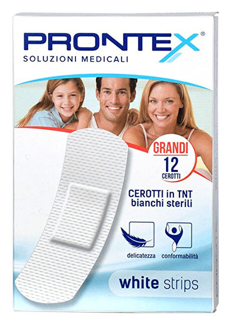 CEROTTO PRONTEX WHITE STRIPS IN TESSUTO NON TESSUTO BIANCO STERILE SCATOLA 12 CEROTTI GRANDI - Farmacia Del Monaco