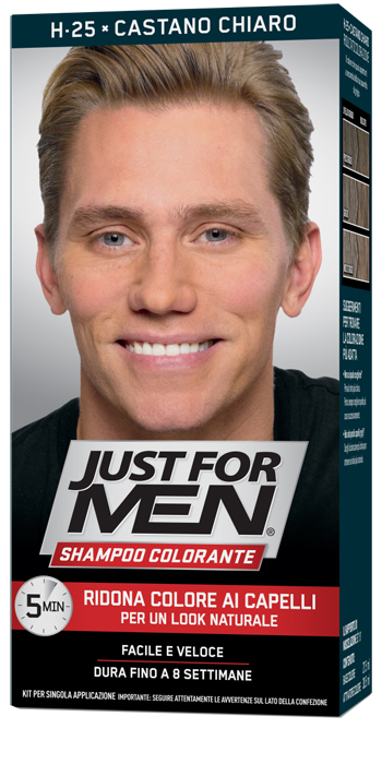 JUST FOR MEN SHAMPOO COLORANTE H25 CASTANO CHIARO ATTIVATORE CHIARO 38,5 ML + BASE COLORE 27,5 ML - Farmacia Del Monaco