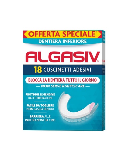 ALGASIV ADESIVO PER PROTESI DENTARIA INFERIORE 15 PEZZI OFFERTA SPECIALE + 3 PEZZI - Farmacia Del Monaco