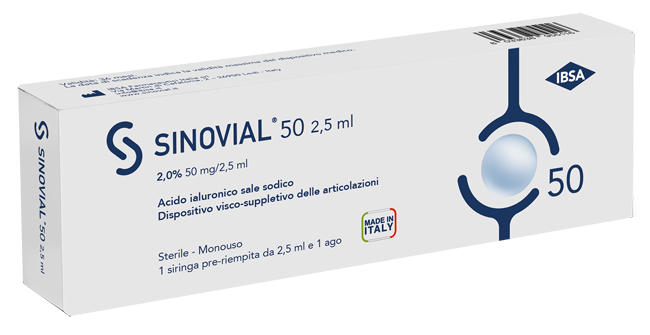 SIRINGA INTRA-ARTICOLARE SINOVIAL 50 ACIDO IALURONICO SALE SODICO 2% 50MG/2,5ML 2,5ML + AGO 21 GAUGE - Farmacia Del Monaco