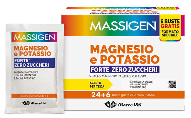 MASSIGEN MAGNESIO POTASSIO FORTE ZERO ZUCCHERO 24 BUSTINE + 6 BUSTINE - Farmacia Del Monaco