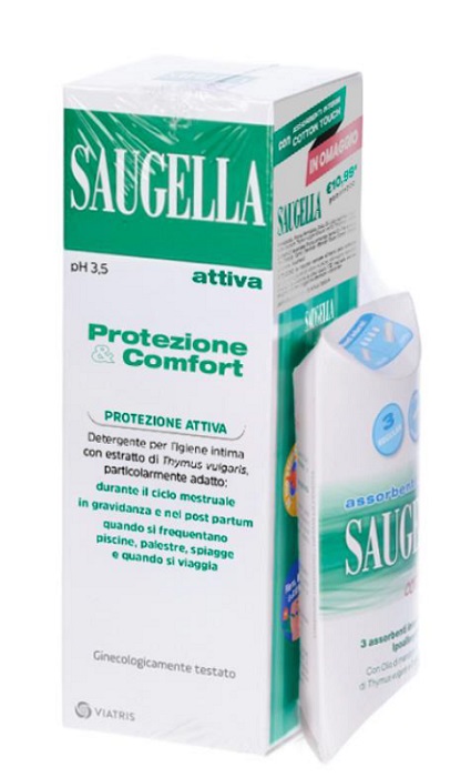 SAUGELLA PROTEZIONE&COMFORT BUNDLE 1 ATTIVA 250 ML + 3 ASSORBENTI INTERNI REGULAR IN OMAGGIO + GADGET STICKERS MOTIVAZIONALI - Farmacia Del Monaco
