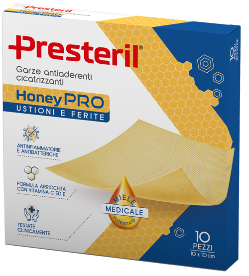 GARZA ANTIADERENTE CICATRIZZANTE PRESTERIL HONEYPRO 10X10 CM 10 PEZZI - Farmacia Del Monaco