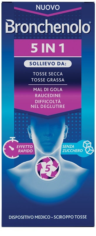 BRONCHENOLO 5 IN 1 SCIROPPO TOSSE 120 ML SENZA ZUCCHERO, ALCOL, LATTOSIO, GLUTINE, COLORANTI ARTIFICIALI E OGM - Farmacia Del Monaco