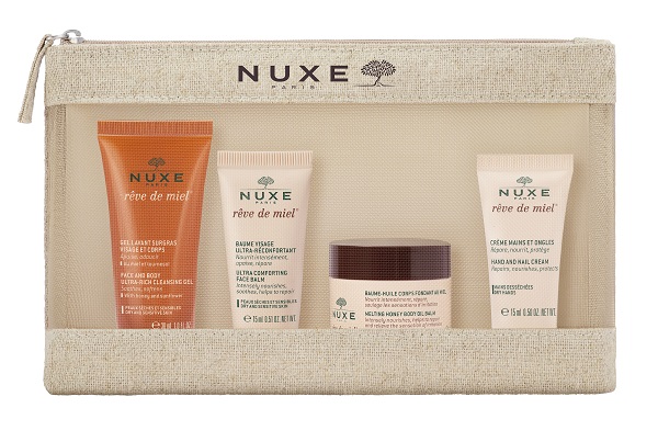NUXE TROUSSE VOYAGE REVE DE MIEL 2026 FACE AND BODY ULTRA RICH CLEANSING GEL 30 ML + ULTRA COMFORTING FACE BALM 15 ML + MELTING HONEY BODY OIL BALM 30 ML + HAND AND NAIL CREAM 15ML - Farmacia Del Monaco