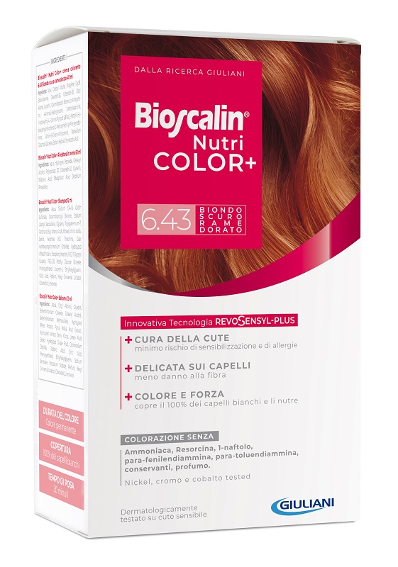 BIOSCALIN NUTRICOLOR PLUS 6,43 BIONDO SCURO RAME DORATO CREMA COLORANTE 40 ML + RIVELATORE CREMA 60 ML + SHAMPOO 12 ML + TRATTAMENTO FINALE BALSAMO 12 ML - Farmacia Del Monaco