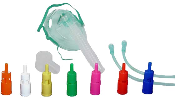 MASCHERA MORBIDA A CONCENTRAZIONE VARIABILE CON SISTEMA VENTURI COMPLETA DI KIT CON 7 RACCORDI COLORATI E TUBO DI COLLEGAMENTO ANTISCHIACCIAMENTO ADULTI - Farmacia Del Monaco