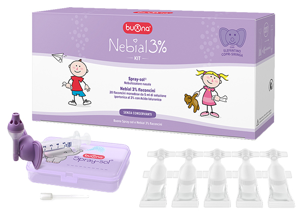 NEBIAL 3% KIT 20 FLACONCINI MONODOSE 5ML SOLUZIONE IPERTONICA CON ACIDO IALURONICO + NEBULIZZATORE SPRAY-SOL - Farmacia Del Monaco
