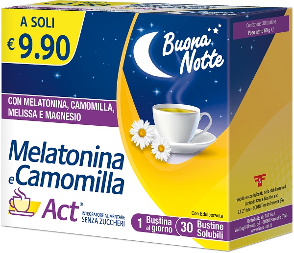 MELATONINA E CAMOMILLA ACT 30 BUSTINE SOLUBILI SENZA ZUCCHERI - Farmacia Del Monaco
