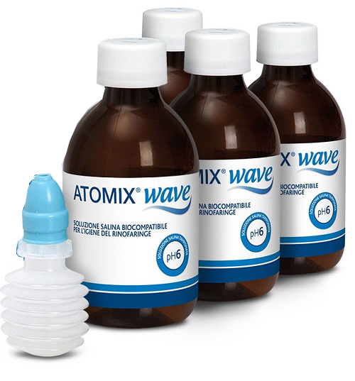 ATOMIX WAVE DISPOSITIVO PER IGIENE RINOFARINGEA ATOMIX SOLUZIONE SALINA 4 FLACONI DA 250 ML - Farmacia Del Monaco