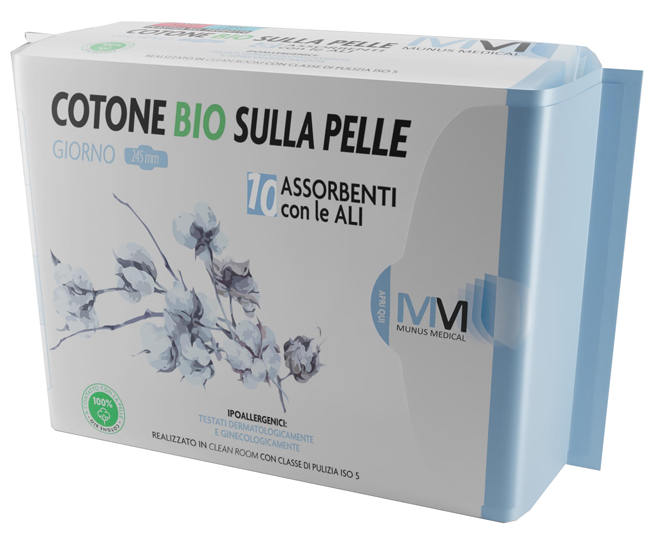 MUNUS MEDICAL ASSORBENTE GIORNO CON ALI COTONE BIO SULLA PELLE 245 MM 10 PEZZI - Farmacia Del Monaco