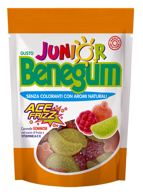 BENEGUM JUNIOR ACE FRIZZ CARAMELLE GOMMOSE CON SUCCO DI FRUTTA E VITAMINE A C E 90 G - Farmacia Del Monaco