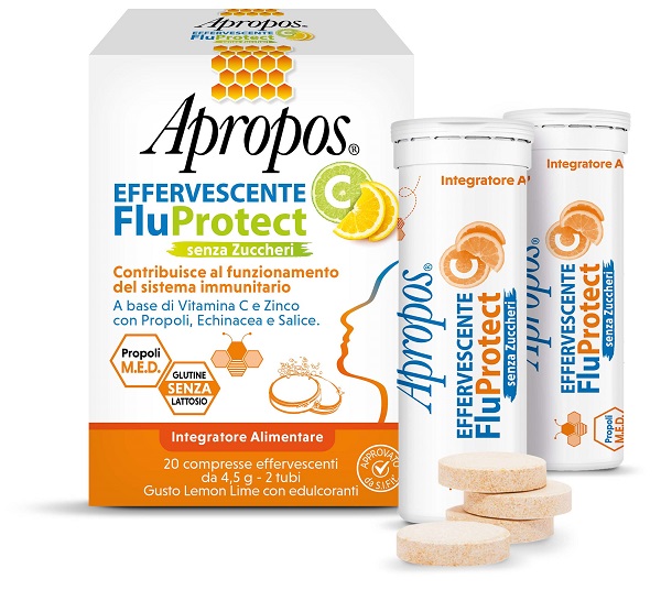 APROPOS EFFERVESCENTE C FLUPROTECT SENZA ZUCCHERI 20 COMPRESSE EFFERVESCENTI - Farmacia Del Monaco