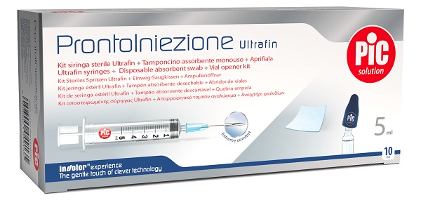 PRONTOINIEZIONE ULTRAFIN KIT SIRINGA STERILE 5 ML GAUGE 23 10 PEZZI + TAMPONCINO ASSORBENTE MONOUSO + APRIFIALA - Farmacia Del Monaco